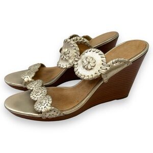 Jack Rogers Luccia Metallic Gold Leather Double Strap Wedge Sandals 8.5